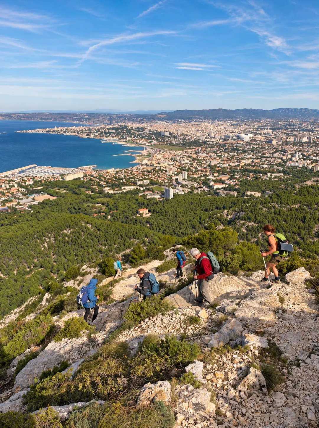 Le groupe du club en file sur une crête calcaire, Marseille et la mer en contrebas