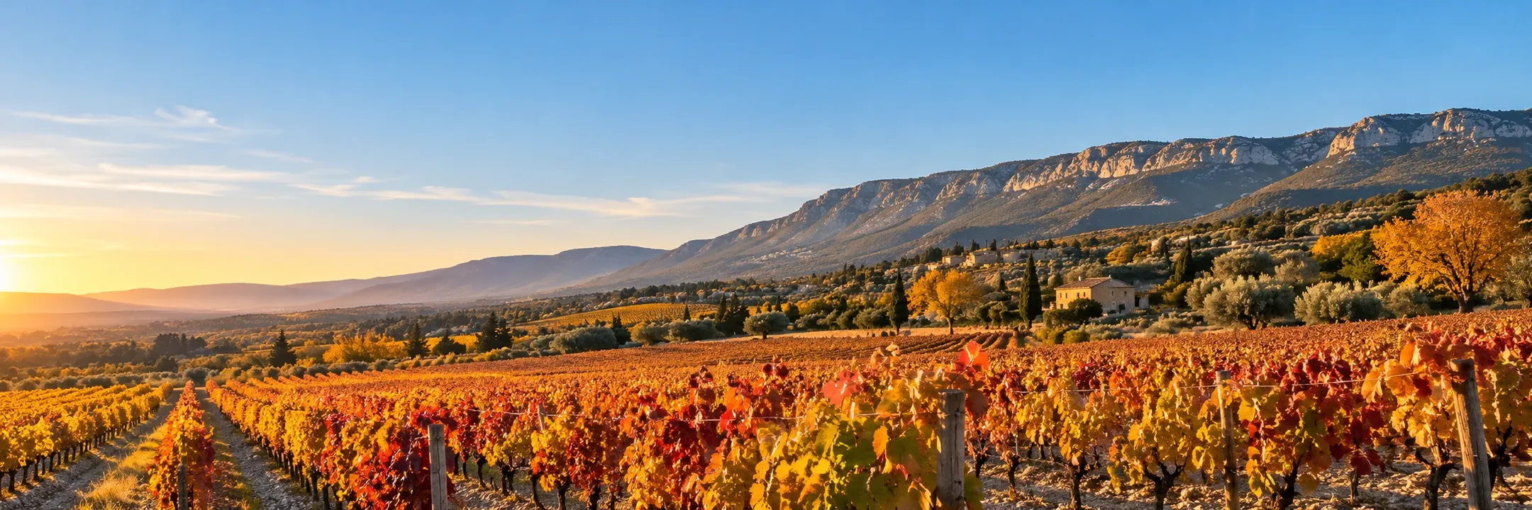 Des vignes rousses et dorées au pied d'une montagne, en fin de journée