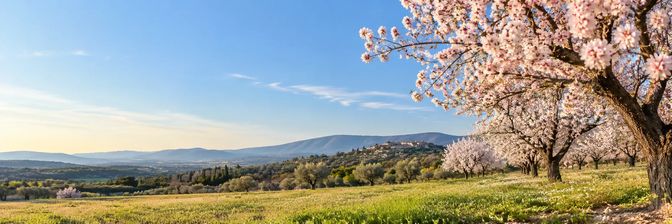 Des amandiers en fleur dans la campagne, collines au loin